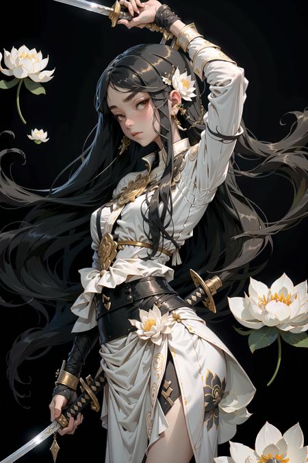 00696-1990742298-sword, weapon, flower, katana, white_flower, earrings, long_hair, jewelry, black_hair, holding_sword, solo, holding, black_backg.png